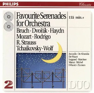 Pochette de Favourite Serenades For Orchestra de I Musici - David Zinman - Hugo Wolf - Richard Strauss - Salvatore Accardo - Antonín Dvořák - English Chamber Orchestra - Raymond Leppard - Edo de Waart - Pyotr Ilyich Tchaikovsky - Kurt Masur - Sir Neville Marriner - Wolfgang Amadeus Mozart - Antonio de Almeida - Joseph Haydn - Gewandhausorchester Leipzig - Nederlands Kamerorkest - Max Bruch - Orchestre philharmonique de Monte‐Carlo - Academy of St Martin in the Fields - Joaquín Rodrigo - Nederlands Blazers Ensemble
