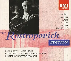 Pochette de The Rostropovich Edition de Nicolai Myaskovsky - Sir Malcolm Sargent - Richard Strauss - George Szell - David Oistrakh - Carlo Maria Giulini - Antonín Dvořák - Joseph Haydn - Johannes Brahms - Herbert von Karajan - Mstislav Rostropovich - Ernest Bloch - Leonard Bernstein