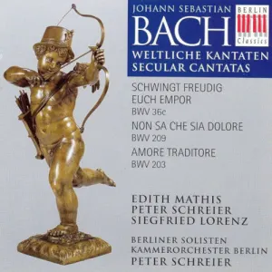 Pochette de Weltliche Kantaten: Schwingt freudig euch empor BWV 36c / Non sa che sia dolore BWV 209 / Amore traditore BWV 203 de Johann Sebastian Bach - Peter Schreier - Siegfried Lorenz - Edith Mathis - Kammerorchester Berlin