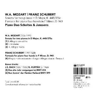 Pochette de Sonata for two pianos In D Major, K.448/375a; Fantasie for Piano four hands in F Minor, D.940 de Wolfgang Amadeus Mozart - Franz Schubert