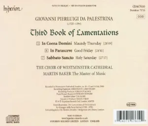 Pochette de Third Book of Lamentations de Giovanni Pierluigi da Palestrina - Westminster Cathedral Choir - Martin Baker